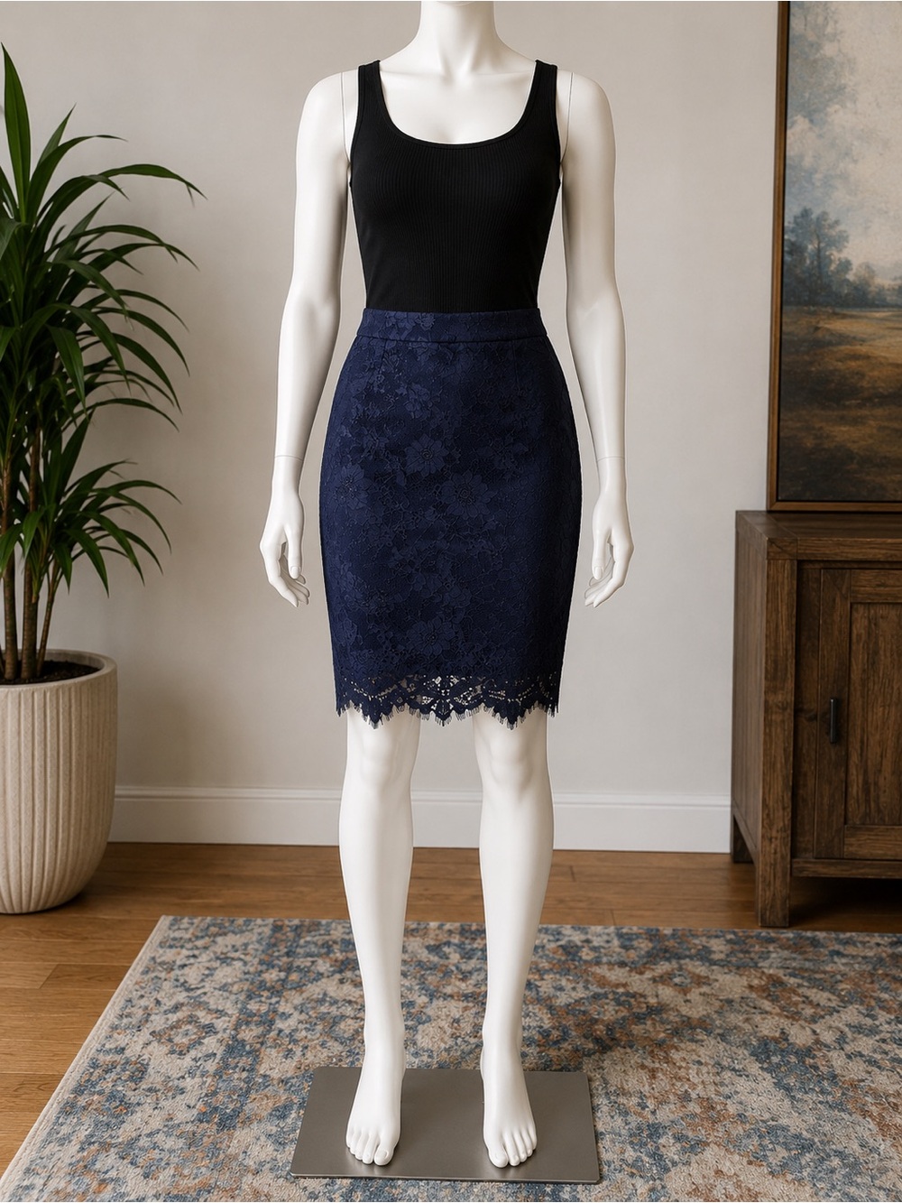 J. Crew Re-Imagined Navy Lace Lined Back Zip Pencil Skirt